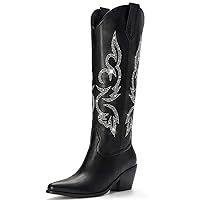 White Cowboy Boots for Women - Wide Calf Rhinestone Cowgirl Boots, Women Knee High Western Boots, Glitter Sparkly Ladies Tall Boots with Classic Embroidery and Side Zipper, Retro Classic Country Boots Pull On for Ladies