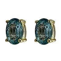 Blue-Zircon Oval Shape Gemstone Jewelry 10K, 14K, 18K Yellow Gold Stud Earrings For Women/Girls