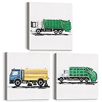 Yuzi-n Set of 3 Garbage Truck Nursery Transportation Art Posters Canvas Wall Art & Tabletop Home Kids Bedroom Classroom Decoration, Watercolor Garbage Truck Prints Easel & Hanging Hook 12x12 Inch