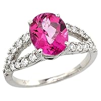 14k White Gold Natural Pink Topaz Ring Oval 10x8mm Diamond Accent, 3/8inch wide, sizes 5 - 10