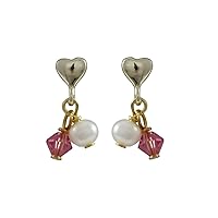 Gold Finish Pink Swarovski Crystals Faux Pearls Heart Girls Earrings