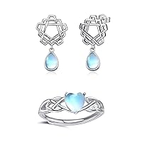 Dreamboat Celtic Heart Ring and Celtic Knot Earrings 925 Sterling Silver Moonstone with Celtic Knot Jewelry Irish Jewelry Gifts for Women Girls Adjustable Ring Size 7-9