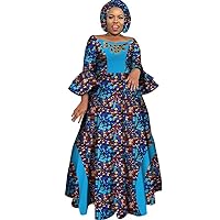 Womens African Party Maxi Dress Double Layered Bell Sleeve Long Dress & Headwrap