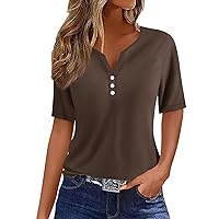 Womens 2024 Short Sleeve Henley Shirts V-Neck Button Down Tunic Tops Summer Casual Solid Color Loose Fit Blouse