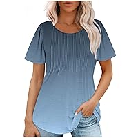 Summer Tops for Women Fashion Pleated Tops Gradient Print Round Neck Top Shirt Short Sleeve Casual Loose T Shirts