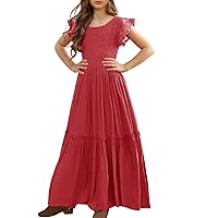 MITILLY Girls Lace Flower Ruffle Sleeve A-Line Swing Wedding Party Maxi Dress with Pockets
