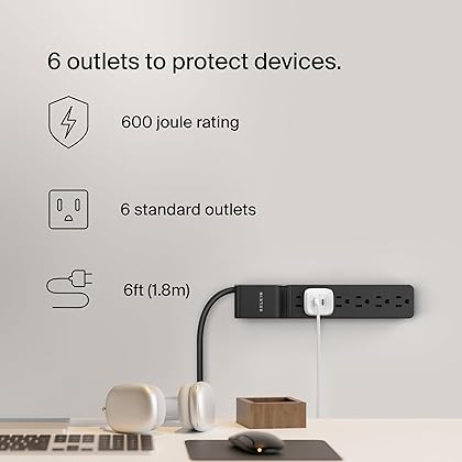 Belkin Surge Protector Power Strip with 6 AC Outlets, 6ft/1.8M Long Heavy-Duty Extension Cord, & 360-Degree Rotating AC Plug for Conference Rooms, Computer Desktops, & More - 600 Joules of Protection