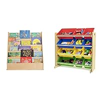 Factory Direct Partners 13132-NT Birch Book Display Stand - Natural & Humble Crew, Natural/Primary Kids' Toy Storage Organizer with 12 Plastic Bins
