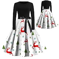 Women's Plus Size Christmas Dress Snowflake Printed Knee Tunic Long Sleeve Round Neckline Waist Slimming Dresses