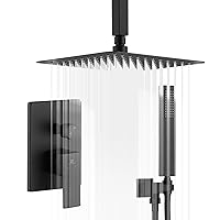 10 Inch Matte Black Shower System with High Pressure Rain Shower Head, Handheld Shower head, Bathroom Mixer Shower Set Celling Mounted Shower Faucet Rough-in Valve and Trim Kit
