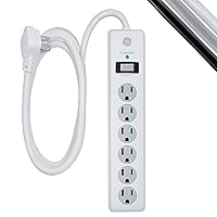 GE 6-Outlet Surge Protector, 6 Ft Extension Cord, Power Strip, 800 Joules, Flat Plug, Twist-to-Close Safety Covers, Protected Indicator Light, UL Listed, White, 67051