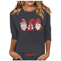 Cute Santa Gnomes Graphic Tee Shirts for Women 3/4 Sleeve Christmas Tops Dressy Casual Crewneck Pullover Blouses Shirts