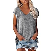 Women's Casual Cap Sleeve V Neck Tops 2024 Summer Loose Y2K Going Out Tee Shirts Basic Solid Color Tunic Blouse