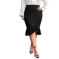 Milumia Women's Plus Size Ruffle Hem Midi Skirt Elegant High Waisted Asymmetrical Solid Long Skirts