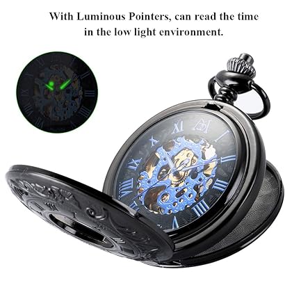 ManChDa Mechanical Pocket Watch for Men Women Vintage Pocket Watch with Chain Roman Numerals Skeleton Pocket Watches with Box and Chains Gift for Son Dad Gifts for Him