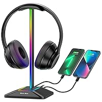 New bee RGB Headphone Stand with 1 USB-C Charging Port and 1 USB Charging Port, Desk Gaming Headset Stand with 7 Light Modes and Non-Slip Rubber Base Suitable for All Earphone Accessories (Black)