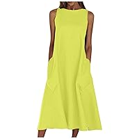 Cute Summer Dresses for Women, Casual Sleeveless Dress Loose Round Neck Big Swing Maxi Dresses with Pockets Casual Dresses (S, Yellow)