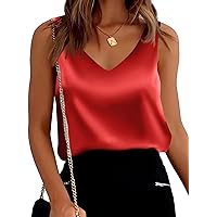 Satin Tank Tops for Women Loose Fit Sleeveless V Neck Cami Camisole Blouses Shirt Top