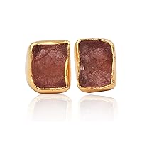 Fancy Starwberry Quartz Raw Earrings, Stud Earrings, Gold Plated Jewelry, Wedding Gift, Earrings For Mother., Stone Size - 8X10 Mm, Gemstone & Brass, Starwberry Quartz