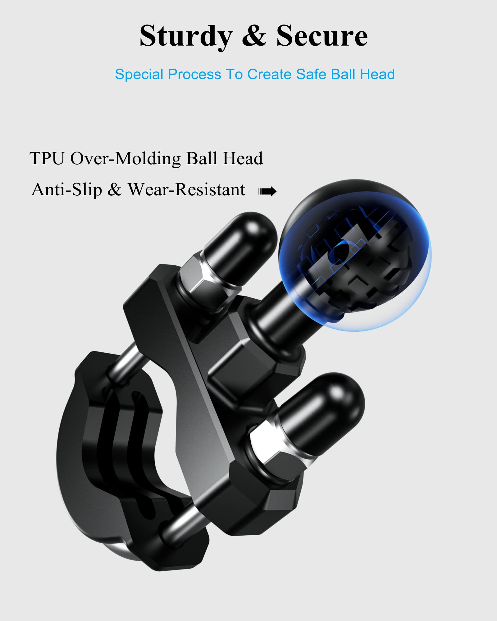 BRCOVAN Handlebar U-Bolt Mount Base with 1'' TPU Ball for Rails 0.5'' to 1.25'' in Diameter, Compatible with RAM Mounts B Size 1 inch Ball Double Socket Arm & Bike Motorcycle Phone Holder