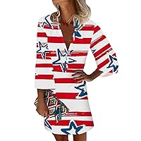4th of July Dresses Patriotic Dress for Women Sexy Casual Vintage Print with 3/4 Length Sleeve Deep V Neck Independence Day Dresses Watermelon Red Small