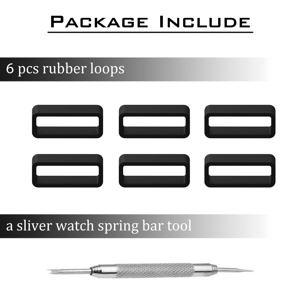 Adebena 6Pieces Rubber Watch Band Strap Loops 14mm/16mm/18mm/20mm/22mm/24mm/26mm Black Clear Replacement Resin Holder Retainer with Spring Bar Tools