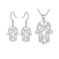 PELOVNY Hamsa Neckace Earrings for Women - Elephant Pendant Palm Shape Hand of Fatima Set Hand Symbol Sterling Silver Hamsa for Girlfriend Lover
