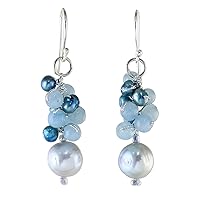 NOVICA Artisan Handmade Cultured Freshwater Pearl Quartz Dangle Earrings from Thailand .925 Sterling Silver Dyed Blue Beaded Birthstone 'Happy Bunch'