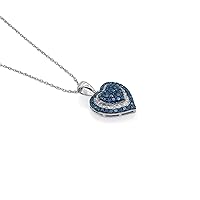 1.33 Carat (Cttw) Blue Round and White Baguette Cut Natural Diamond Heart Pendant with Necklace Chain 18 Inches Sterling Silver (G-H Color,P2 Clarity)