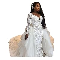 Customize Vneck lace Long Sleeves Mermaid Women Ball Gown Wedding Dresses for Brides with Train White