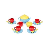Tea Set, Blue/Red/Yellow - 17 Piece Pretend Play, Motor Skills, Language & Communication Kids Role Play Toy. No BPA, phthalates, PVC. Dishwasher Safe, Recycled Plastic, Made in USA.