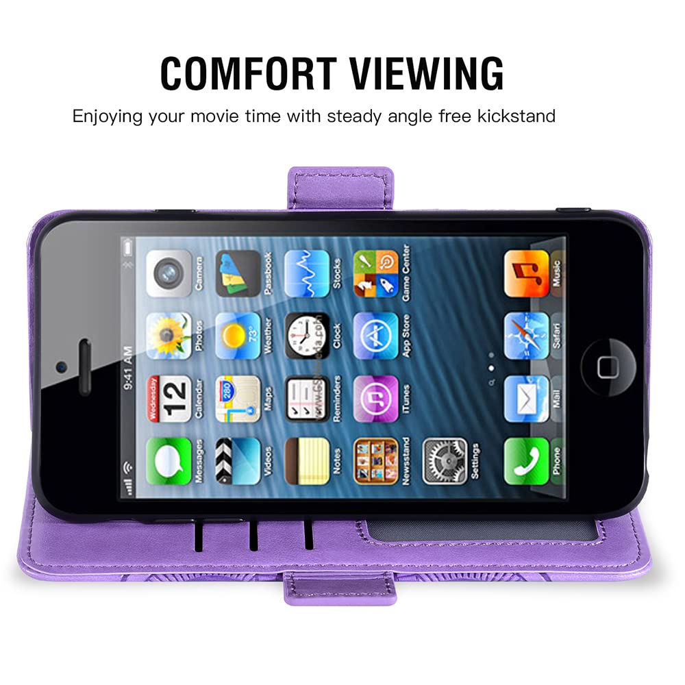 Compatible with iPhone 5S 5 SE 2016 5SE Wallet Case and Tempered Glass Screen Protector Flip Card Holder Purse Cell Phone Cover for iPhone5 iPhone5s iPhoneSE iPhone6se i 6SE iPhone5se Women Men Purple