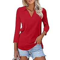 Women's 3/4 Sleeve T Shirts Summer V Neck Polo Shirts Collared Casual Solid Color Basic Tees Blouses