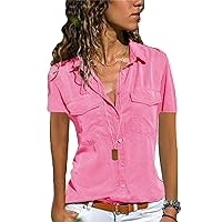 Andongnywell Womens Short Sleeve Button Down Shirt with Pockets V Neck Collared Plain Tops Summer Office Blouse\