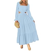 MEROKEETY Women's 2024 Long Sleeve Cutout Maxi Dress Square Neck Crossover Waist Ruffle Tiered Casual Party Dress