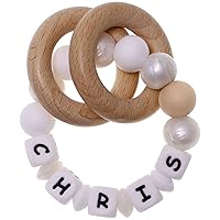 Munchewy Personalized Name Baby Rattle Teether Ring, Customizable Silicone Chew Bracelet with Natural Organic Beech Wood Teething Rings for Baby Boys and Girls Teether Toys-Pearl/White