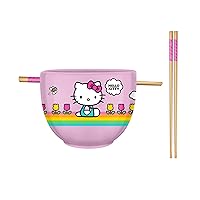 Silver Buffalo Hello Kitty Spring and Summer Flowers Rainbow Stripes Ceramic Ramen Noodle Rice Bowl with Chopsticks, Microwave Safe, 20 Ounces