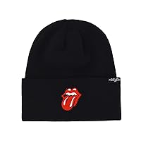 The Rolling Stones Beanie Hat, Winter Knit Cap with Rubber Patch Lips Logo and Cuff, Black, One Size