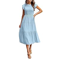Summer Dresses for Women 2024 Casual Flutter Short Sleeve Crew Neck Smocked Elastic Waist Flowy Tiered Long Maxi Dress