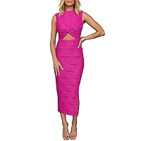 Pink Queen Sexy Sleeveless Cutout Bodycon Dress for Women 2024 Crewneck Twist Ruched Fitted Slit Knit Cocktail Party Outfits