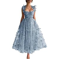 Wchecalino 3D Butterfly Tulle Prom Dresses Tea Length Lace Applique Embroidery Formal Evening Party Gown with Pocket