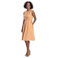 London Times Women's Petite Sleeveless A-Line Dress with Wooden Beaded Faux Side Drawstrings, Apricot Nectar, 14