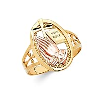 14k Yellow Rose Gold Cross Holy Bible Praying Hands Ring Oval Religious Charm Band Solid 18MM, Size 9