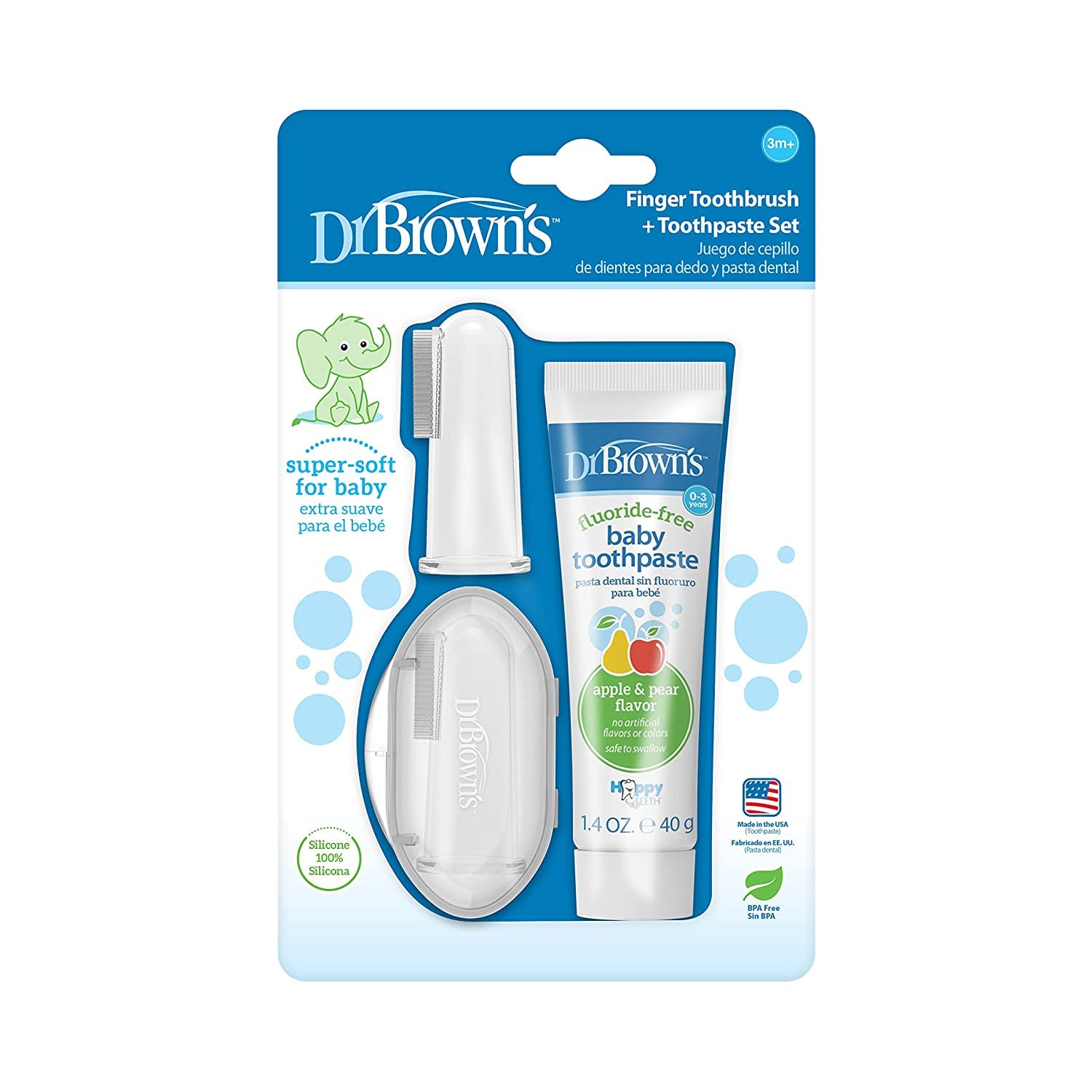 Dr. Brown’s 100% Silicone Baby Finger Toothbrush and Toothpaste Set, 2-Pack Toothbrush with Storage Case, Fluoride-Free Apple Pear Toddler Toothpaste