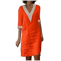 Linen Dress for Women Casual Summer 2023 Midi Length Concert Outfit Trendy Short Sleeve Women's Clothing Modest Elegant Dress