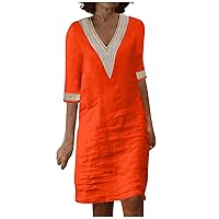 Red Dresses for Women, Ladies Lace Stitching V Neck Embroidered Exquisite Short Sleeve Cotton Linen Dress Summer 2024