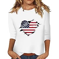 July 4th Clothes for Women Plus Size 3/4 Sleeve Tops American Flag Shirts Summer Casual Tunics Loose Fit Tee Blouse