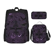 Purple Black Goth Spooky 3 Pcs Print Backpack Sets Casual Daypack with Lunch Box Pencil Case for Women Men