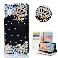 STENES Bling Wallet Phone Case Compatible with Moto G Stylus 5G (2023) - Stylish - 3D Handmade Crown Flowers Floral Design Leather Girls Women Cover with Neck Strap Lanyard [3 Pack] - Black