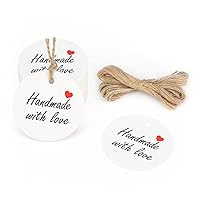 G2PLUS Handmade Gift Tags, 100PCS Handmade with Love Tags, White Handmade Paper Tags, 2 Inch Round Handmade Gift Tags with String for Gift Wrapping, Arts&Crafts, Wedding, Birthday Party Favors